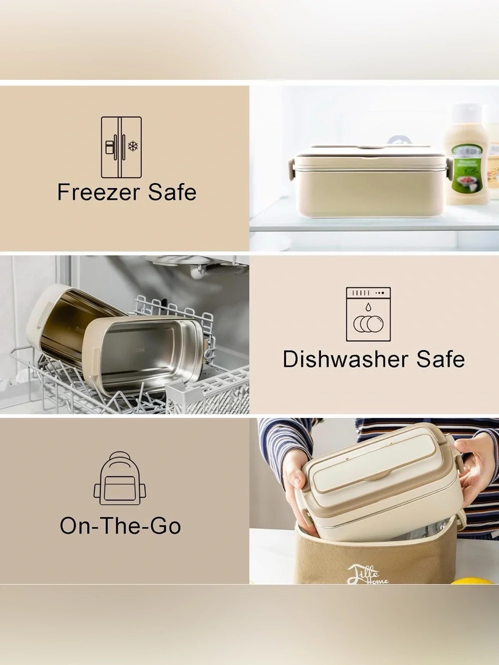 Little Home Brown - Beige Bento Lunch Box Set with Insulated Bag